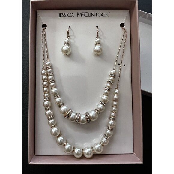Jessica McClintock Gold Chain w Pearls & Faux Diamond Spacers Necklace Set - Picture 2 of 8